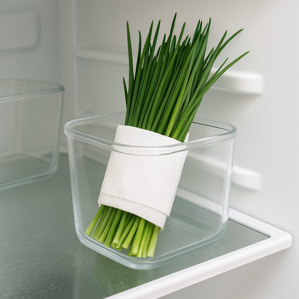 How to Store Chives Longer · Refrigeration vs Freezing Guide 2 Fresh chives wrapped in paper towels and stored in a clear container inside a refrigerator