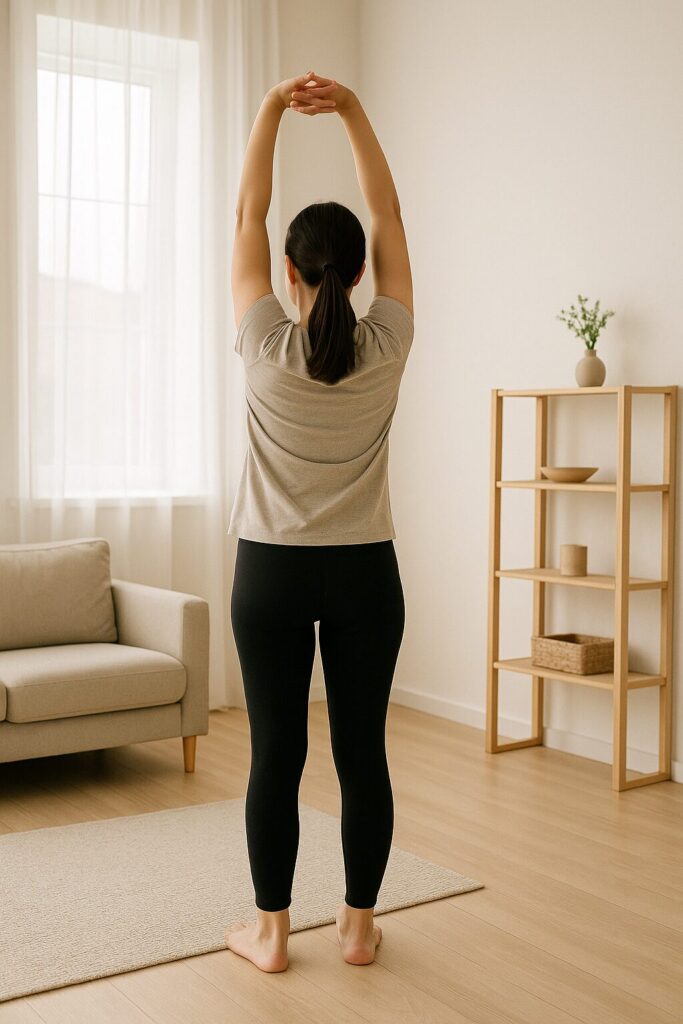 5-Minute Full Body Stretching Routine for Beginners · Simple Daily Wellness Practice 2 A beginner doing a simple full body stretch with arms raised overhead in a bright living room
