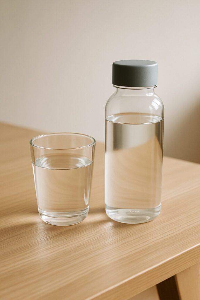 나무 테이블 위에 투명한 물컵과 재사용 물병이 놓여 있는 모습