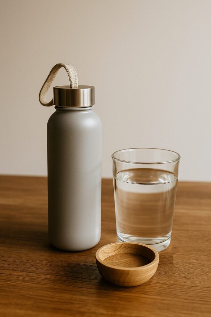 Do You Really Need 2 Liters of Water a Day? · Personalized Hydration Guide 2 A clear glass of water placed beside a reusable bottle on a wooden table