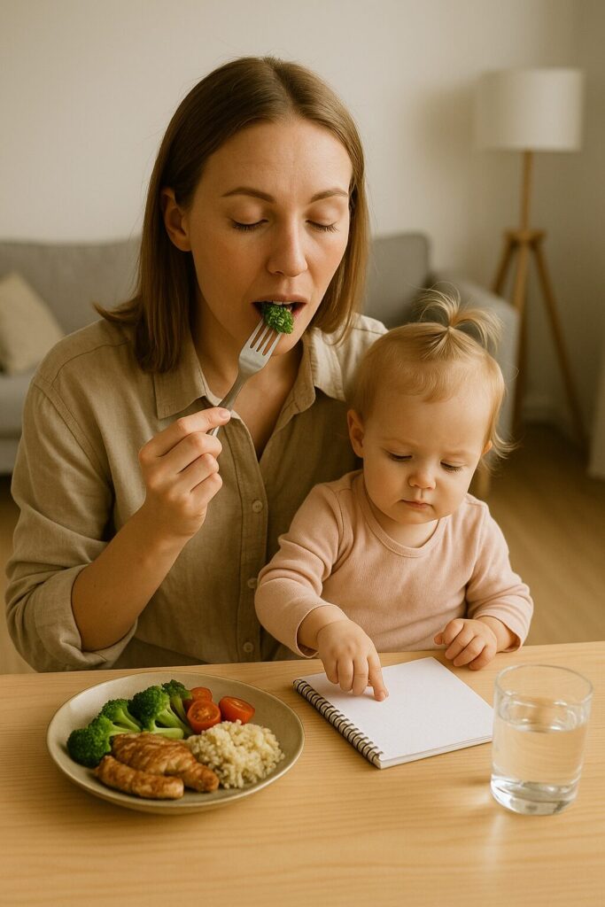 Fixed Meal Routine · Practical Guide for Busy Workers and Moms 2 A busy working mom eating a simple healthy meal at a fixed time while caring for her child