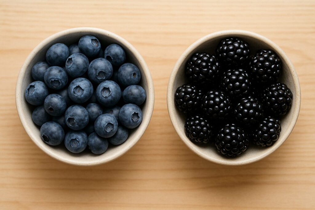 블루베리와 블랙베리를 나란히 담아 비교할 수 있도록 놓은 그릇