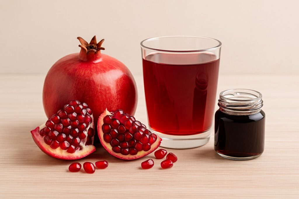 Fresh Pomegranate vs Juice vs Concentrate · Nutrition, Benefits, and Usage Guide 2 A whole fresh pomegranate with arils, a glass of pomegranate juice, and a small jar of pomegranate concentrate placed side by side