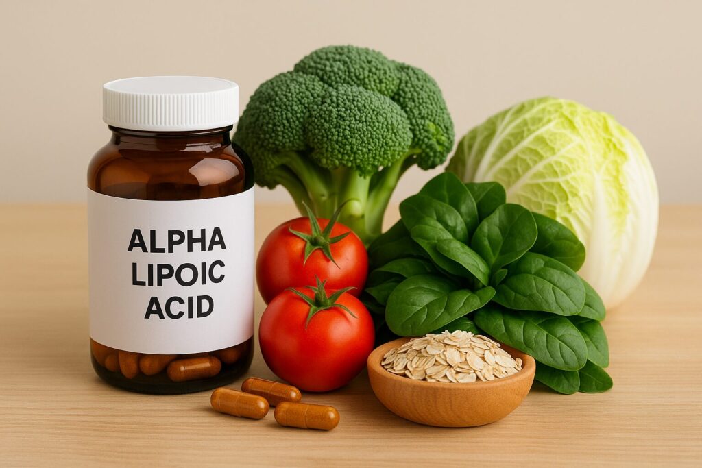Alpha Lipoic Acid Benefits · Antioxidant, Energy Metabolism, and Nerve Health 2 A bottle of alpha lipoic acid supplements placed next to fresh vegetables rich in antioxidants