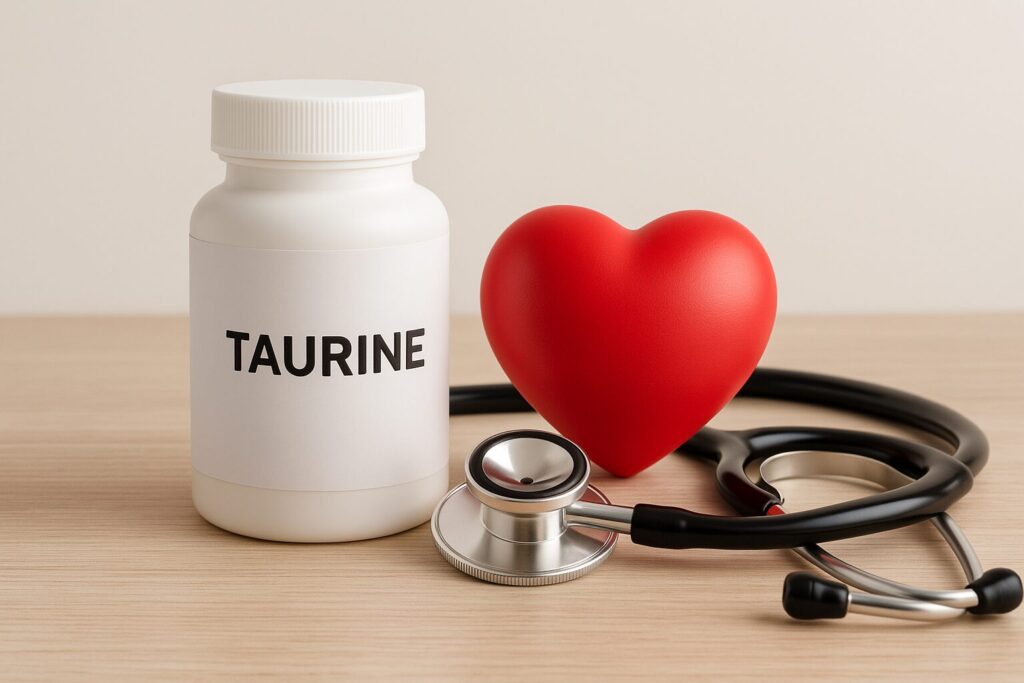 A bottle of taurine supplements placed next to a red heart model and stethoscope