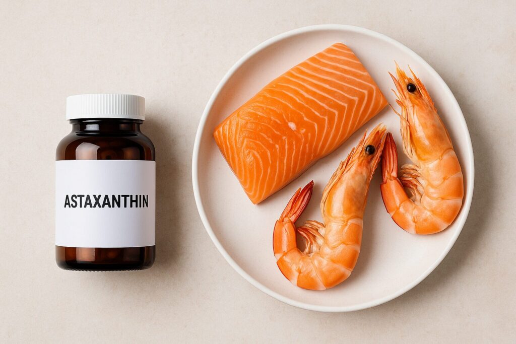 Astaxanthin and Skin Aging · Collagen Protection and UV Defense 2 A bottle of astaxanthin supplements placed next to fresh salmon and shrimp, symbolizing natural antioxidant benefits for skin