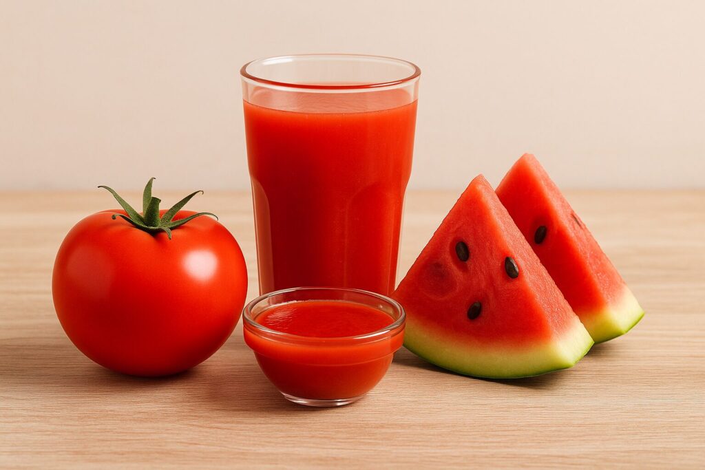 Lycopene Deficiency Symptoms · Skin Aging, Immune Weakness, and Fatigue 2 A fresh tomato, a glass of tomato juice, and slices of watermelon placed together to represent lycopene-rich foods