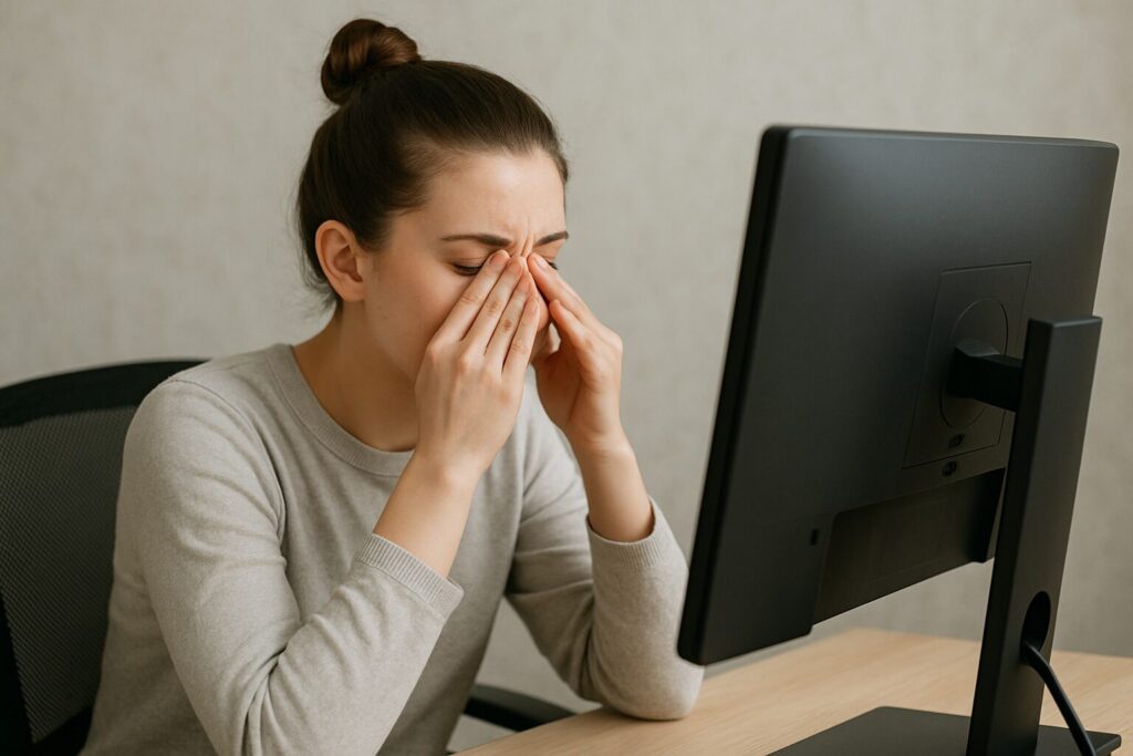 Lutein Deficiency Symptoms · Eye Strain, Blurred Vision, and Night Blindness 2 A tired young woman rubbing her eyes while sitting in front of a computer screen, symbolizing eye strain from lutein deficiency