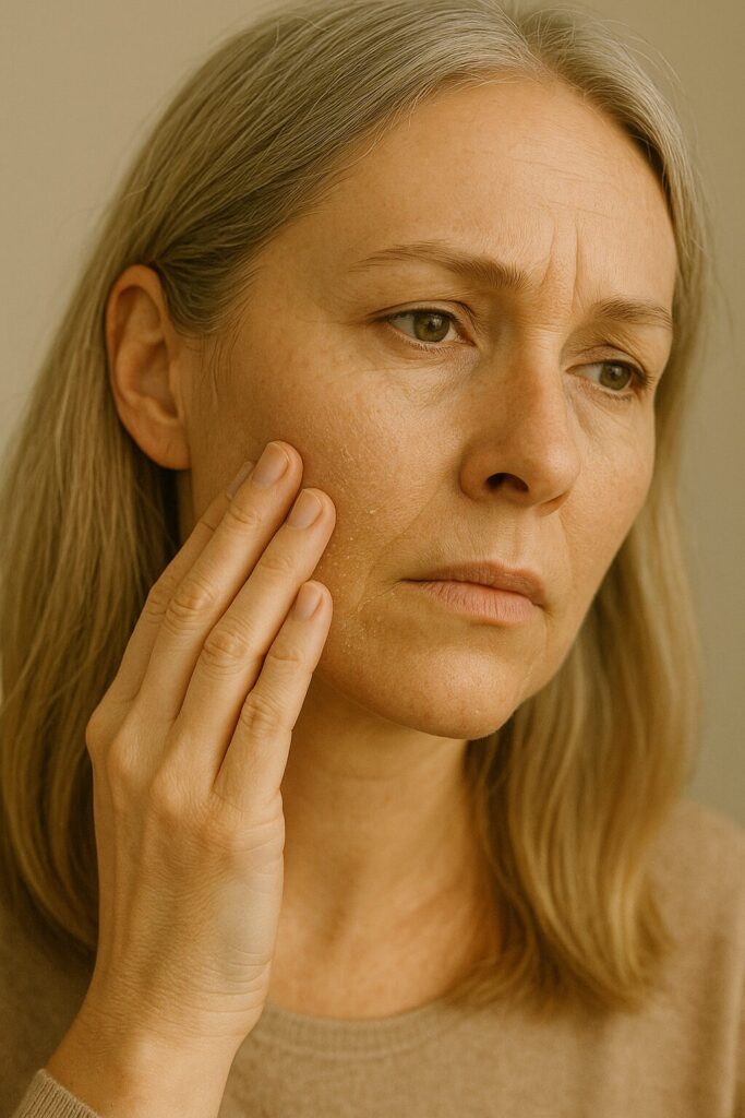 Hyaluronic Acid Deficiency Symptoms · Dry Skin, Joint Discomfort, and Health Changes 2 A close-up of a woman touching her dry skin on the cheek, symbolizing hyaluronic acid deficiency and loss of hydration