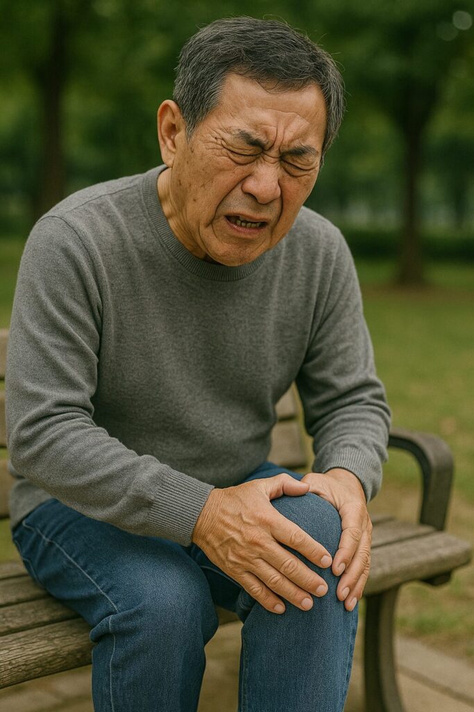 Chondroitin Deficiency Symptoms · Joint Pain, Cartilage Weakness, and Health Effects 2 An elderly man holding his knee with a painful expression, symbolizing chondroitin deficiency and joint discomfort