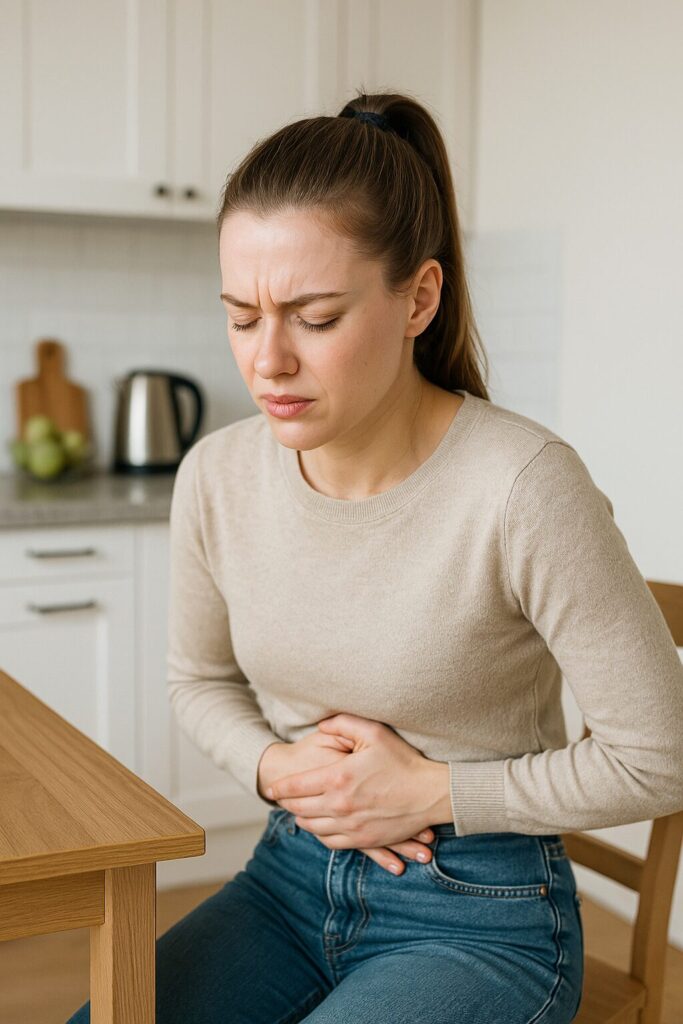 Probiotics Deficiency Symptoms · Digestive Problems, Immunity Decline, and Skin Changes 2 A young woman holding her stomach with discomfort while sitting on a sofa, symbolizing probiotics deficiency and digestive imbalance