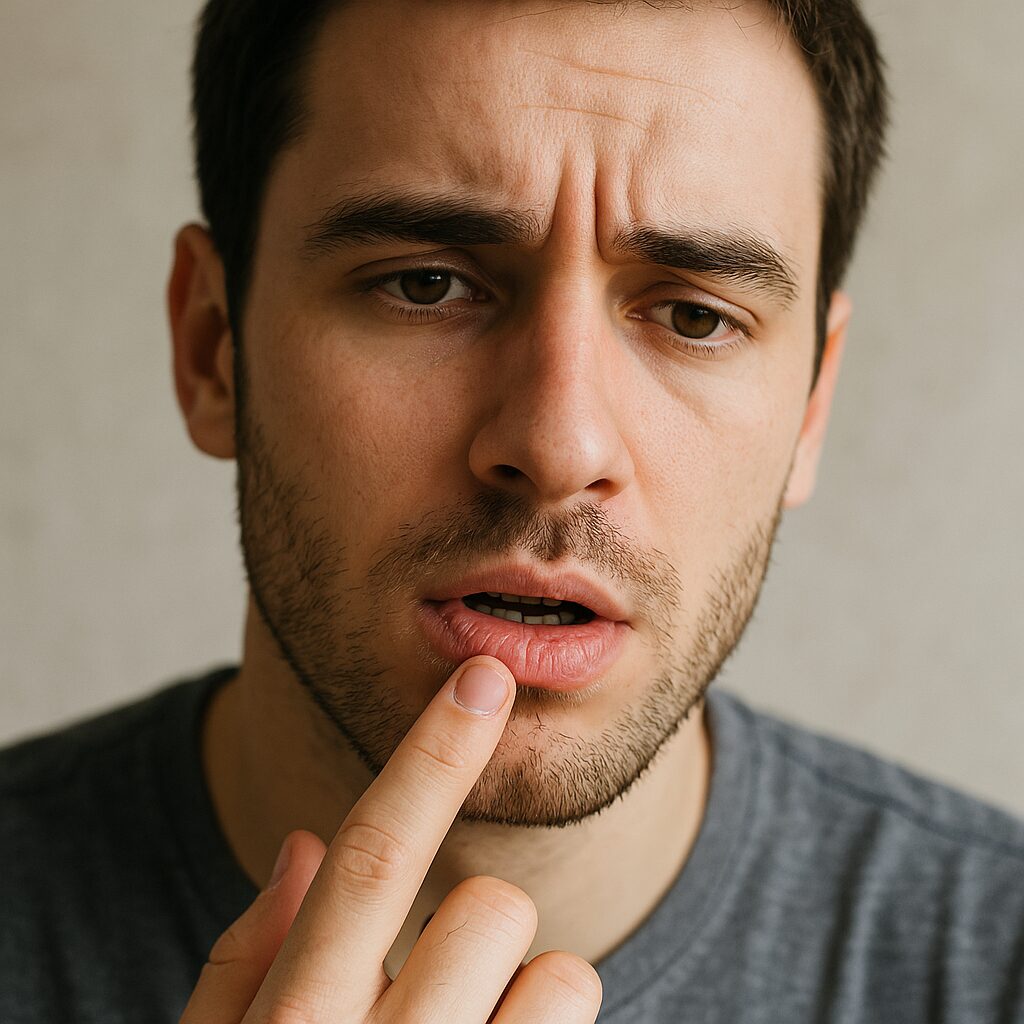Vitamin B2 Deficiency Symptoms: How Riboflavin Shortage Affects the Body 2 A man touching his chapped lips