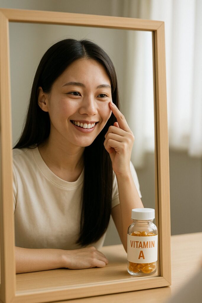 비타민 A 보충제 선택 시 주의사항·건강 지침 가이드 2 거울을 보며 미소 짓는 20대 여성과 화장대 위 비타민 A 보충제 병