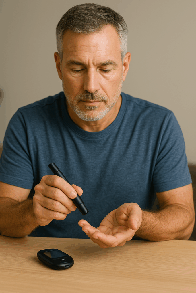 Stress Hormones, Blood Sugar Fluctuations, and Health Management Guide 2 Man testing blood sugar at table