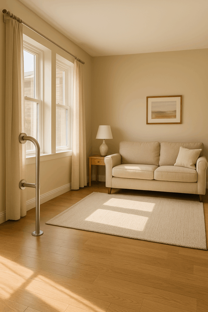 bright living room with safe furniture clear paths and grab bars