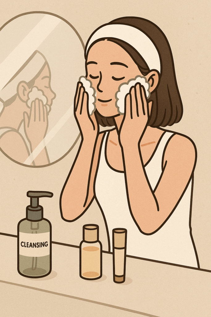 person washing face gently with water and foam cleanser