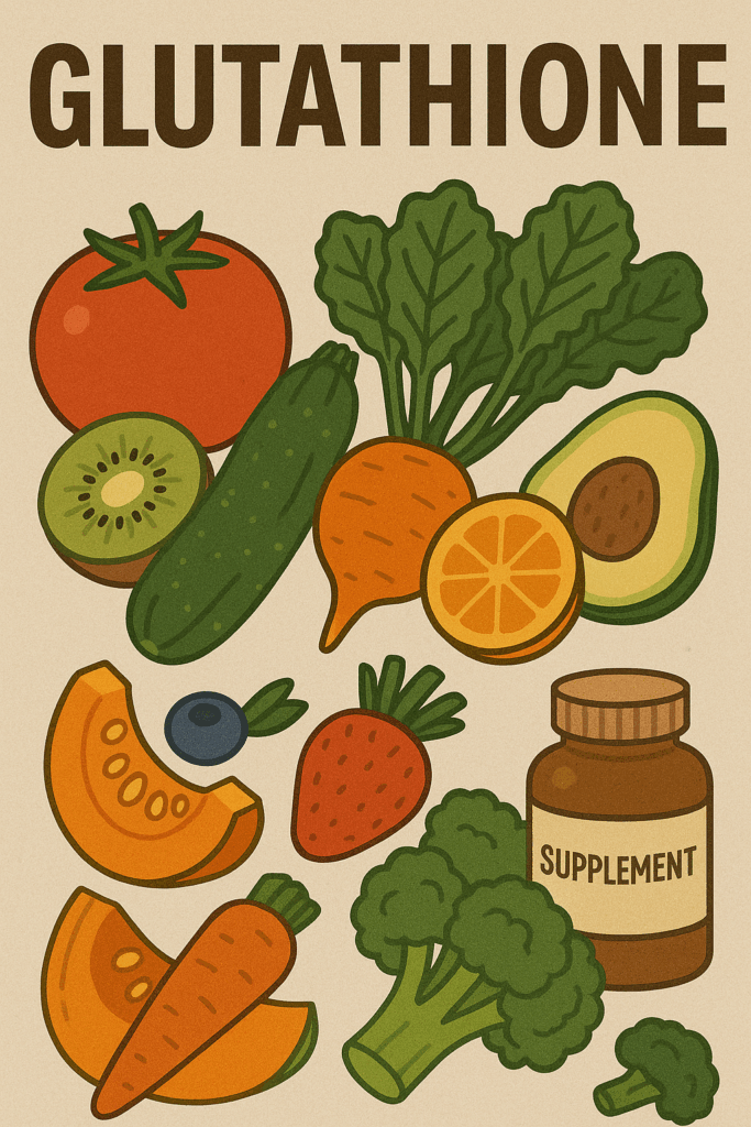 fresh fruits vegetables and supplements symbolizing antioxidant detox support