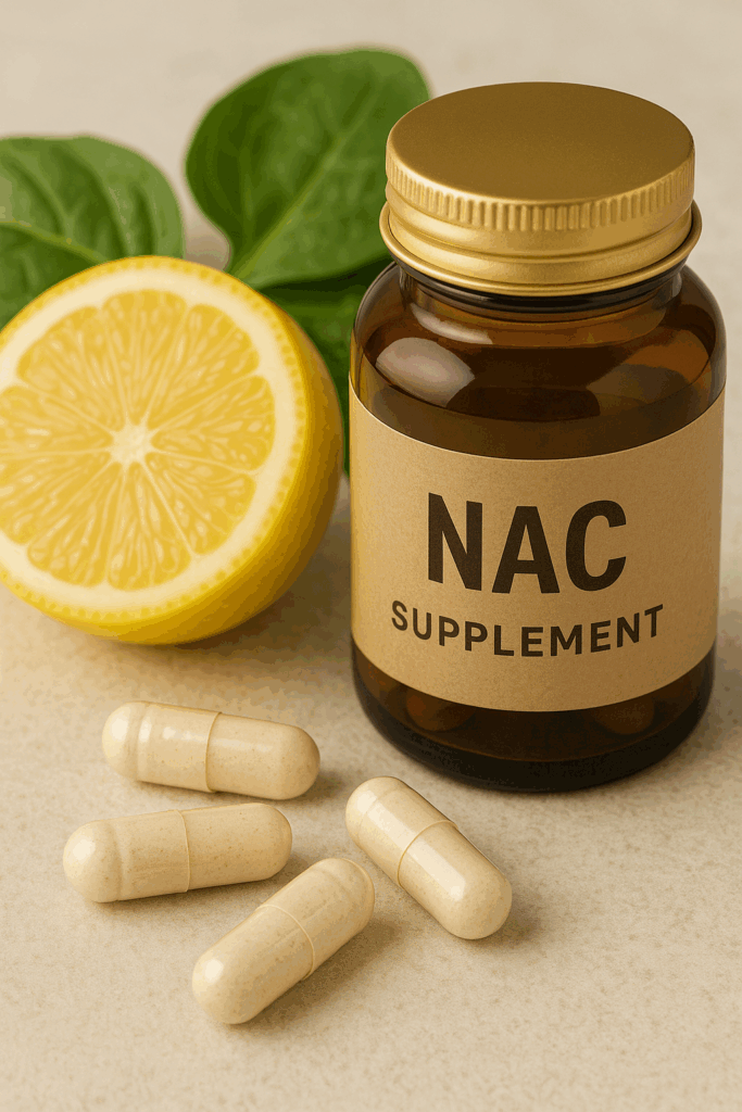 nac supplement capsules with lemon and green leaves on clean background