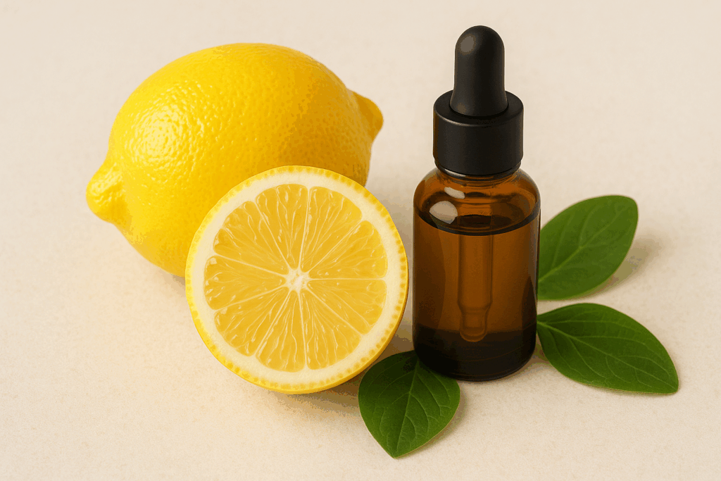 skincare serum bottle with lemon and green leaves on bright table