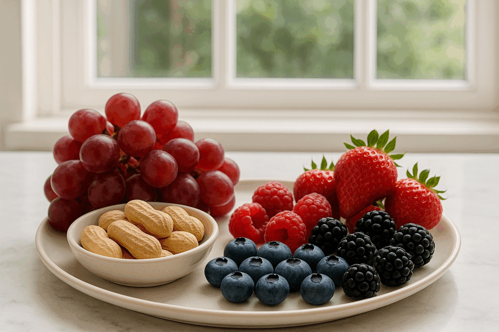 fresh grapes peanuts and mixed berries on wooden table