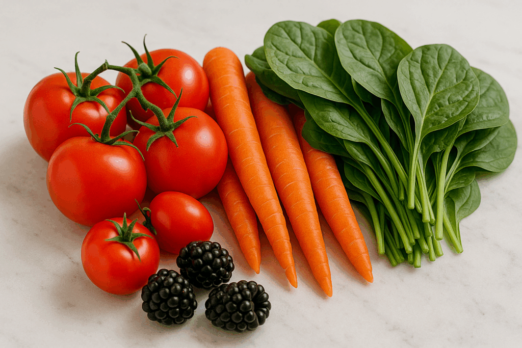 tomatoes carrots and spinach representing lycopene lutein and beta carotene sources