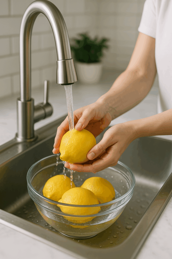 fresh lemons being washed and peeled on clean kitchen counter