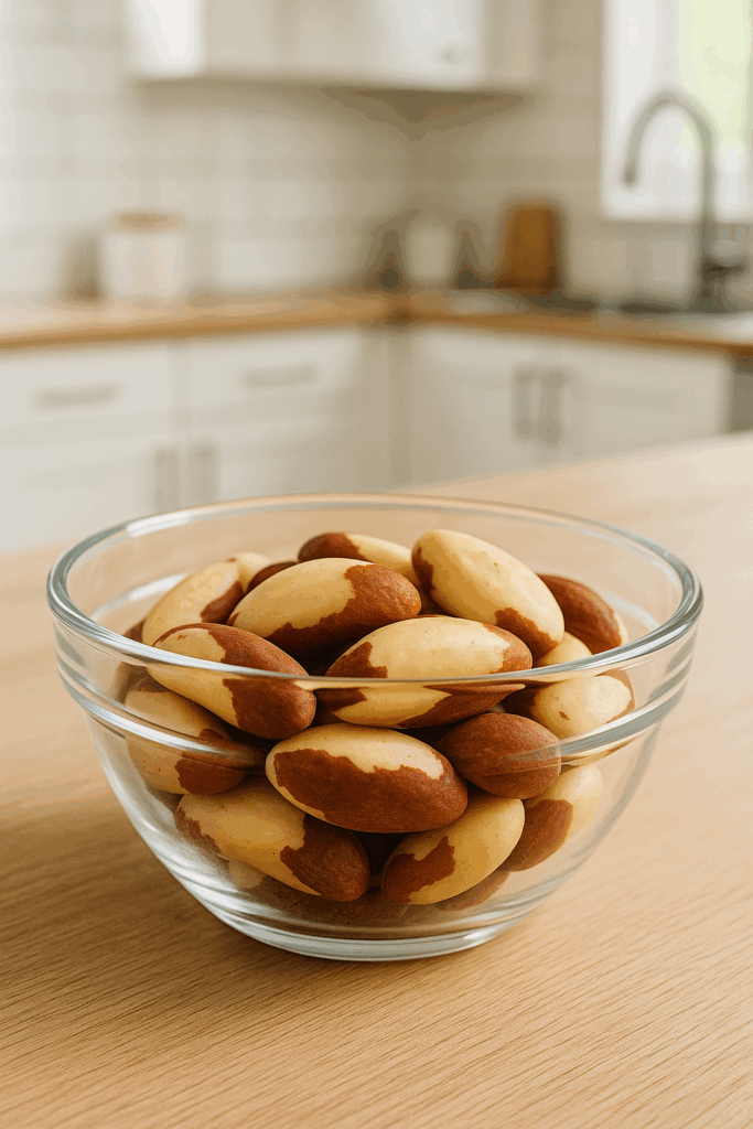 brazil nuts in wooden bowl showing clean color and texture