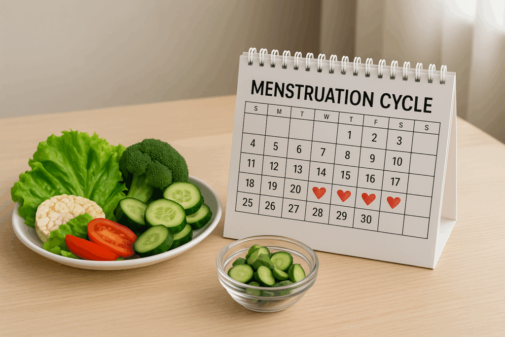 woman planning balanced meals with calendar symbolizing menstrual cycle